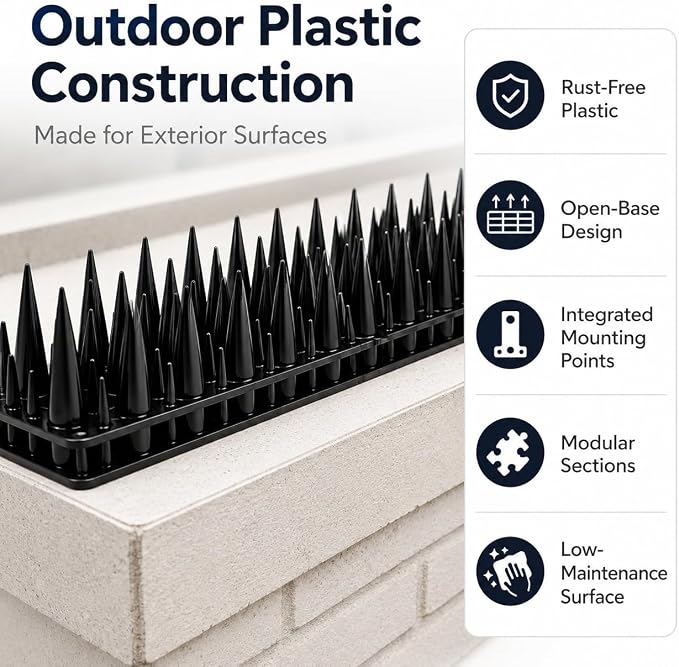 Bird Spikes for Outside, 20 Pack 20 FT Plastic Pigeon Deterrent Spikes, Dense Anti-Climb Strips for Squirrels, Raccoons & Cats, Cuttable Fence Spikes for Roof, Railing, Window Sill(Black)