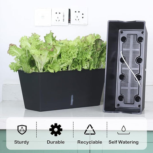 Window Box Planter 6 Pcs, 16.5 Inches Self Watering Rectangle Flower Plant Pots with Drainage Holes Trays, Vegetable Planters for Windowsill Patio Garden Balcony Porch Yard (Black)