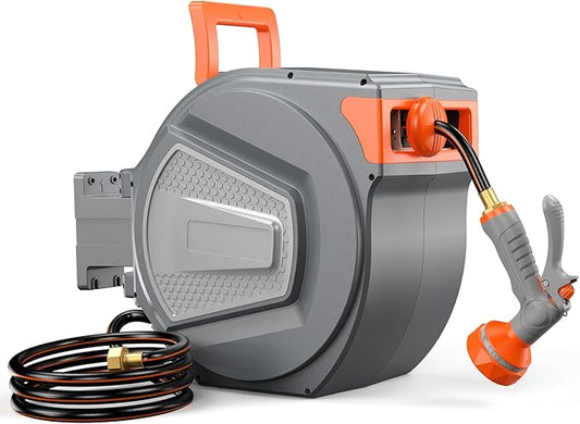 NEWBULIG Garden Hose Reel, 1/2" x 100 ft Retractable Heavy Duty Water Hose Reel with 9 Pattern Nozzle, Slow Retract System, 180° Swivel Wall Mount for Outside Yard Cleaning