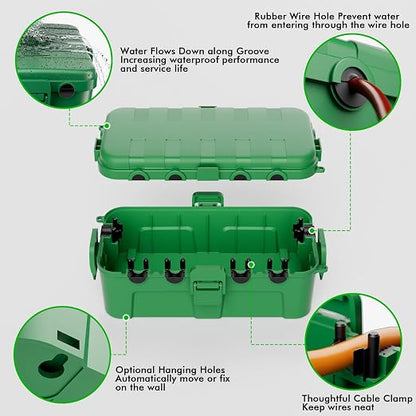 RESTMO Outdoor Electrical Box, IP54 Weatherproof Extension Cord Cover with 6 Cable Entry Ports, Waterproof Connection Box Protect Power Strip, Timer, Plug, Holiday Lights, (11.5x5.2x4 inch), Green