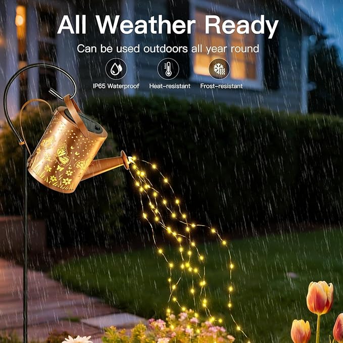 Ollny Solar Watering Can with Cascading Lights Outdoor Garden Decor, Birthday Gifts for Mom Grandma Women, IP65 Waterproof 2 Lighting Modes Hanging Lanterns for Yard Patio Lawn (Butterfly)