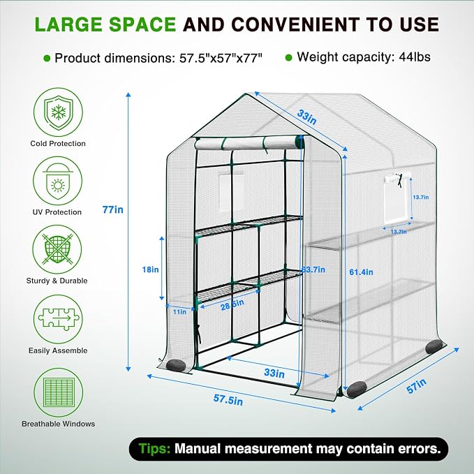 Yesker Greenhouse 57.5"x57"x77" Walk in Green House - Large Outdoor/Indoor Greenhouses with 8 Shelves Waterproof PE Cover & Windows, Portable Greenhouse Kit for Winter Backyard Gardening Patio, White