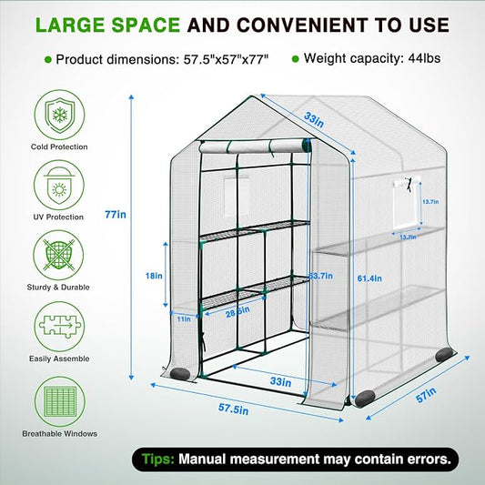 Yesker Greenhouse 57.5"x57"x77" Walk in Green House - Large Outdoor/Indoor Greenhouses with 8 Shelves Waterproof PE Cover & Windows, Portable Greenhouse Kit for Winter Backyard Gardening Patio, White