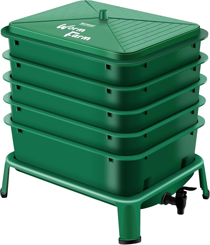 Blütezeit 5-Tray Worm Compost Bin, 53QT Worm Composter Indoor & Outdoor, Worm Farm Starter Kit for Vermicomposting, Recycling Food Waste (Green)