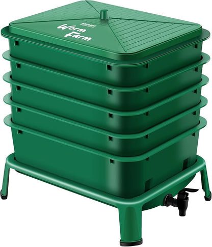 Blütezeit 5-Tray Worm Compost Bin, 53QT Worm Composter Indoor & Outdoor, Worm Farm Starter Kit for Vermicomposting, Recycling Food Waste (Green)