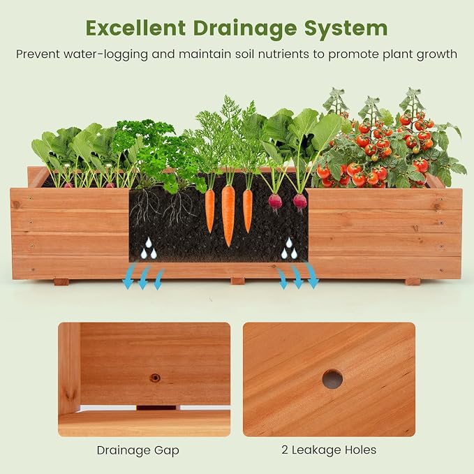 Raised Garden Bed, 44” x 11” x 10” Wooden Flower Bed with 2 Drainage Holes & Removable Bottom, Long Narrow Decorative Garden Bed, Planter Box Outdoor for Vegetables Flowers Fruits Herbs