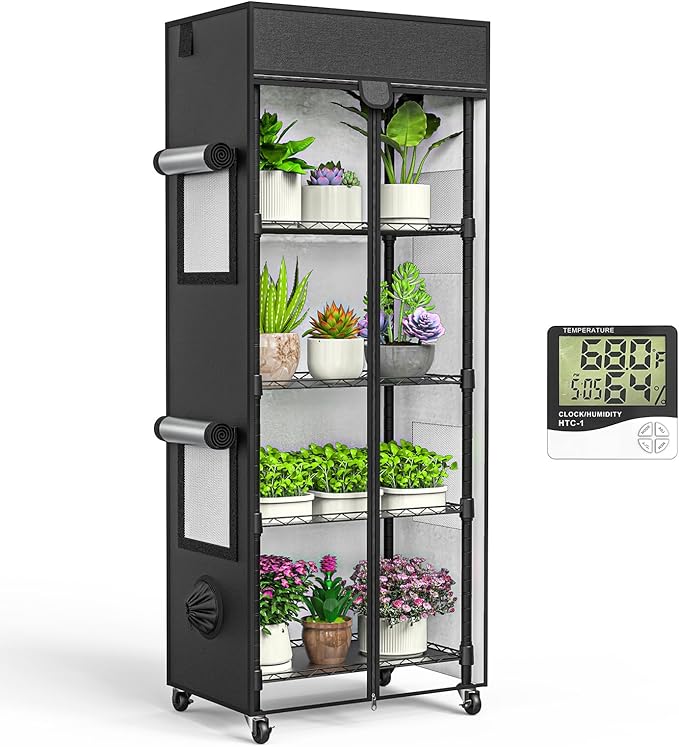 Small Greenhouse for Indoors, 5 Tier 23.1" L×13.2" W×61.2" H | adjustable shelves，Portable Greenhouse with Wheels，for Growing Flowers and Seedlings