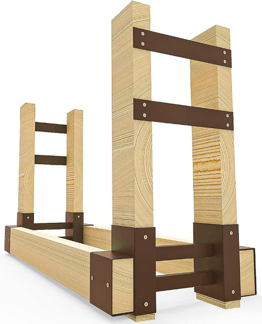 Outdoor Firewood Rack Bracket Kit with 4 Support Bars for Fire Wood Pile Storage, Heavy Duty DIY Fireplace Log Stacking Stand Holder for 2x4 lumber, Brown, 1 Pair