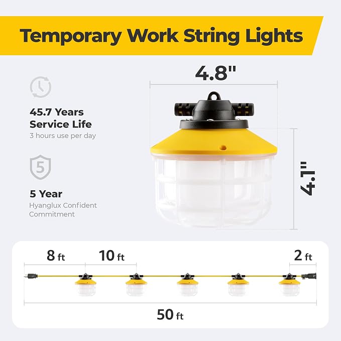50FT 75W 3Prong Ultra Bright ETL Listed LED Work Construction String Lights | Linkable Up to 12 sets, 140 LM/W, 18/3 SJTW, IP65 Waterproof, Outdoor Temporary Hanging Lighting for Jobsite Shop Crawl Space