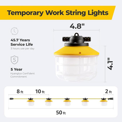 50FT 75W 3Prong Ultra Bright ETL Listed LED Work Construction String Lights | Linkable Up to 12 sets, 140 LM/W, 18/3 SJTW, IP65 Waterproof, Outdoor Temporary Hanging Lighting for Jobsite Shop Crawl Space
