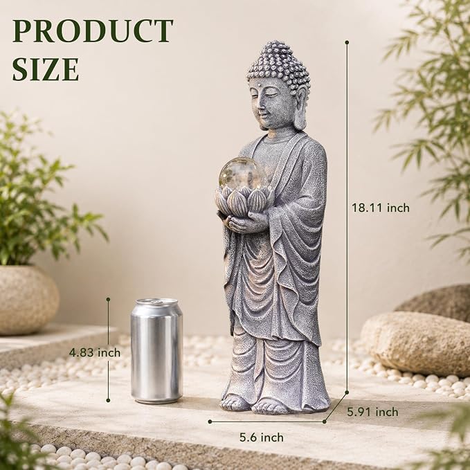Goodeco Buddha Statue with Solar Lotus – 18.2 Inch Tall Large Garden Buddha Statue for Outside, Outdoor Zen Garden Statues