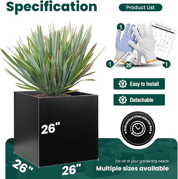 Galvanized Steel Planter Box 26Inch Black Metal Planter Large Square Indoor Outdoor Planters Cube Steel Heavy Duty Planter Powder Coating Modern Commercial Residential for Plants, Patio, Yard, Garden