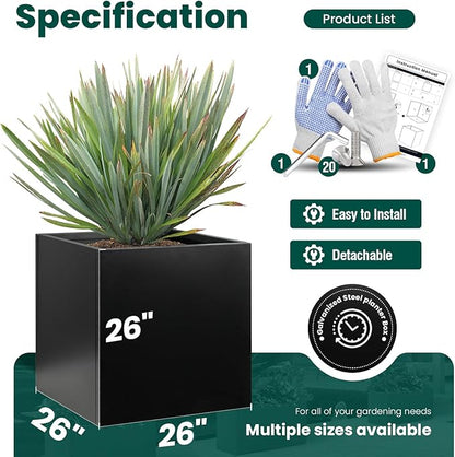Galvanized Steel Planter Box 26Inch Black Metal Planter Large Square Indoor Outdoor Planters Cube Steel Heavy Duty Planter Powder Coating Modern Commercial Residential for Plants, Patio, Yard, Garden