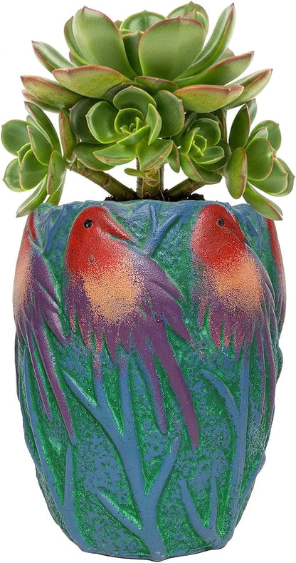6.2" H Ceramic Flowerpot with Bird Pattern, Green Glazed Oval Planter, Boho Indoor Outdoor Succulent Container with Drainage Hole