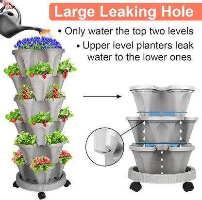 GameXcel Vertical Planter Tower - 6 Tier Stackable Garden Planters with Wheels and Tools Plant Pots for Strawberry Herb Flower and Vegetable Indoor Outdoor Use Gray