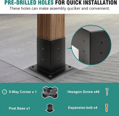 Pergola Kit - 5-Way Brackets for 4x4'' Wooden Beams, Gazebos, Patio & Sheds