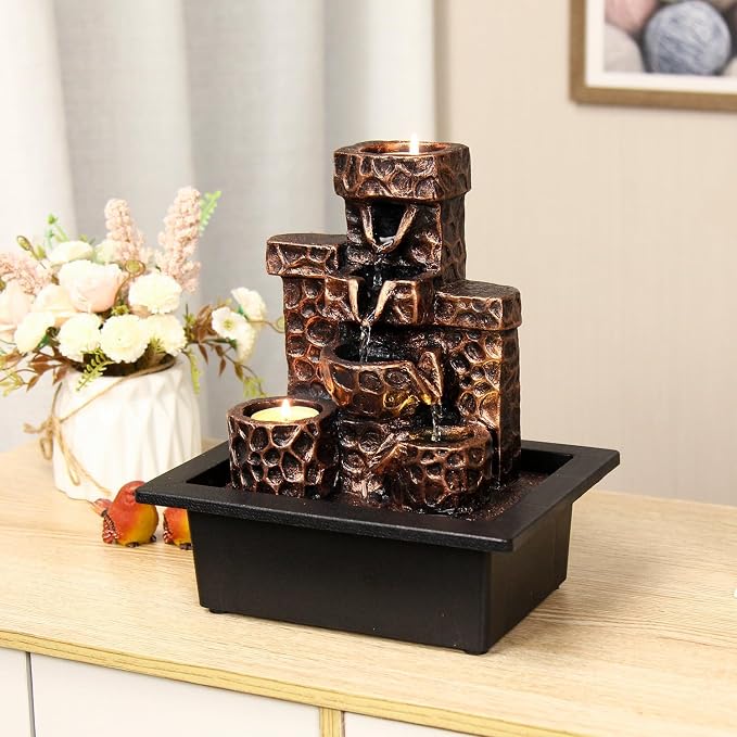 Water Fountain Indoor Moon Themed Tabletop Water Fountain with Candles Holes for Home Decor Meditation (Moon)