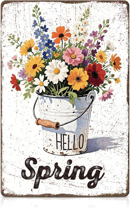 Vintage Spring Metal Tin Sign Wall Decor,Floral Bouquet Wall Art Sign for Home Porch Garden Yard Indoor Outdoor Wall Decor