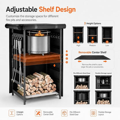Hisencn Fire Pit Storage Station 4.5 ft for Solo Stove and Other Fire Pits, Outdoor Firewood Rack with Waterproof Cover, Adjustable Shelf Wood Storage Cabinet for Logs and Fire Pit Accessories