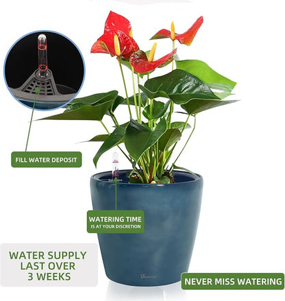 Dexceder 11x10 Self Watering Planter (Grayish Green Gradient) | Inner Pot Design, Thickened Table Flower Plant Pot with Water Level Indicator Indoor Outdoor