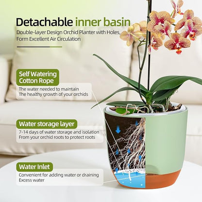 QCQHDU 7.2Inch Orchid Pots with Holes for Repotting, Double-Layer Plastic Self Watering Flower Pots for Indoor Plants with Drainage Holes, Clear Orchid Pot Match Decorative Orchid Container, 1 Pack