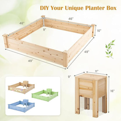 Giantex Raised Garden Bed, 49"x49"x10" Wood Planter Box Kit w/Compost Bin & Open-Ended Bottom for Vegetables, Flowers, Herbs, Fruits, Elevated Square Planting Bed for Patio, Backyard, Garden