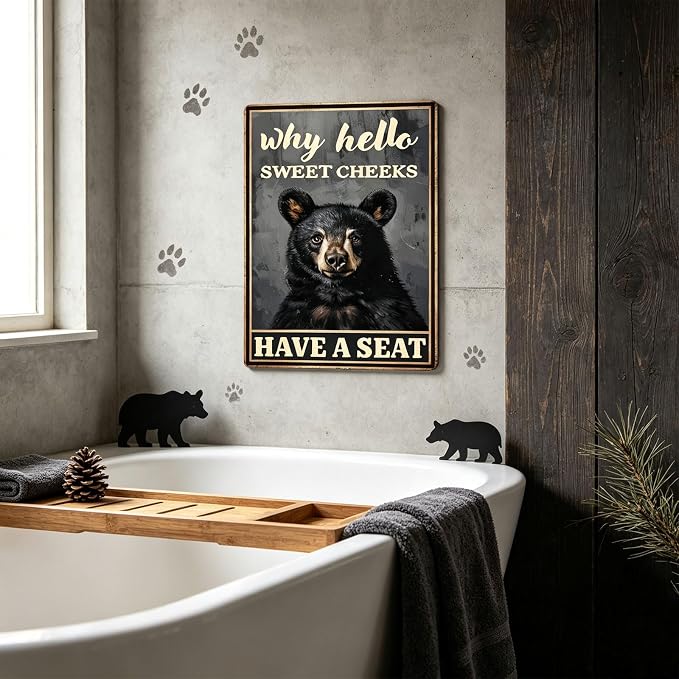 Metal Signs Why Hello Sweet Cheeks Have A Seat Black Bear Vintage Tin Sign for Home Office Kitchen Bar Cafe Garden Wall Decor 12x8 Inch