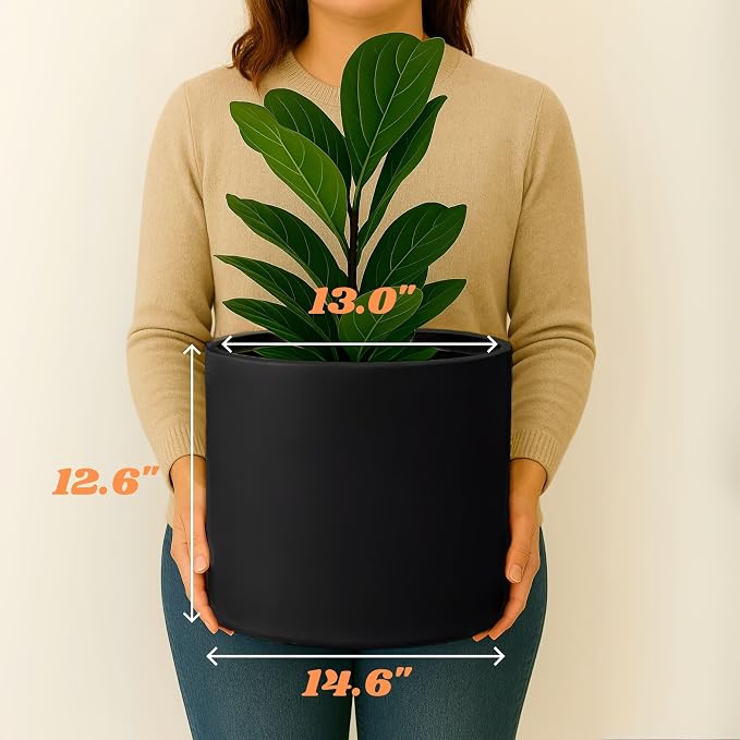 Fox & Fern Large Indoor Planter, Modern Large Plant Pot for Indoor or Outdoor, UV and Frost Resistant - 14.6 Inch, Matte Black Flower Pot with Drainage Plug, Lightweight