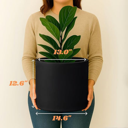 Fox & Fern Large Indoor Planter, Modern Large Plant Pot for Indoor or Outdoor, UV and Frost Resistant - 14.6 Inch, Matte Black Flower Pot with Drainage Plug, Lightweight