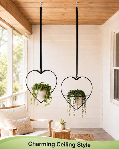 vensovo Decorative Hanging Planter Set of 2 – Heart-Shaped Metal Frame Hanging Plant Holders with Braided Rope, Wooden Bead Accent & White Plastic Pots – Romantic Home Garden Decor
