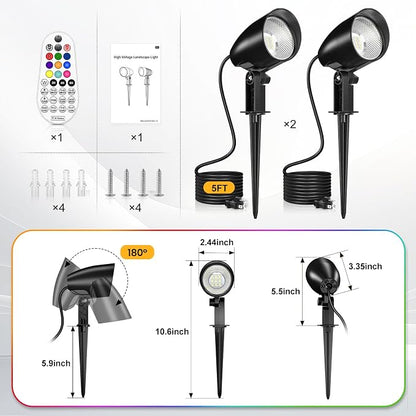 20W RGBW Outdoor LED Landscape Lighting, Color Changing Spotlight with Remote, 1880LM IP66 Waterproof Spot Lights for Yard Garden Pathway Christmas Decoration, 120V Plug in US Cord, 2 Pack