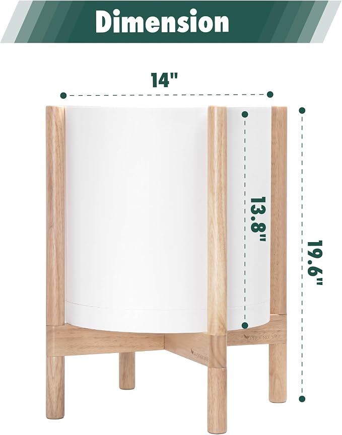 D'vine Dev Plastic Pot with Natural Wood Stand, White, 14 in, 55-C-S-1 | Mid-Century Inspired Design, Elevated Plant Display, Clean Lines, Sturdy Support, Modern Space-Saving Style