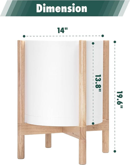 D'vine Dev Plastic Pot with Natural Wood Stand, White, 14 in, 55-C-S-1 | Mid-Century Inspired Design, Elevated Plant Display, Clean Lines, Sturdy Support, Modern Space-Saving Style