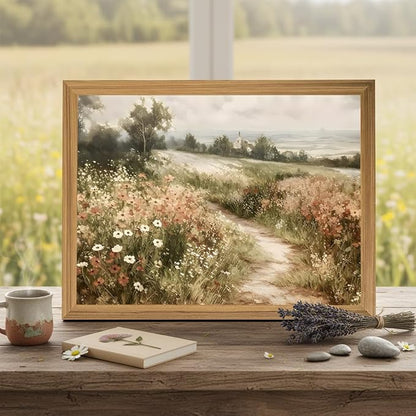 smvexyl Farmhouse Vintage Landscape Wall Art, Framed Canvas Print, Rustic Wildflower Meadow Country Path Painting for Living Room Bedroom Bathroom, 8x10 inch