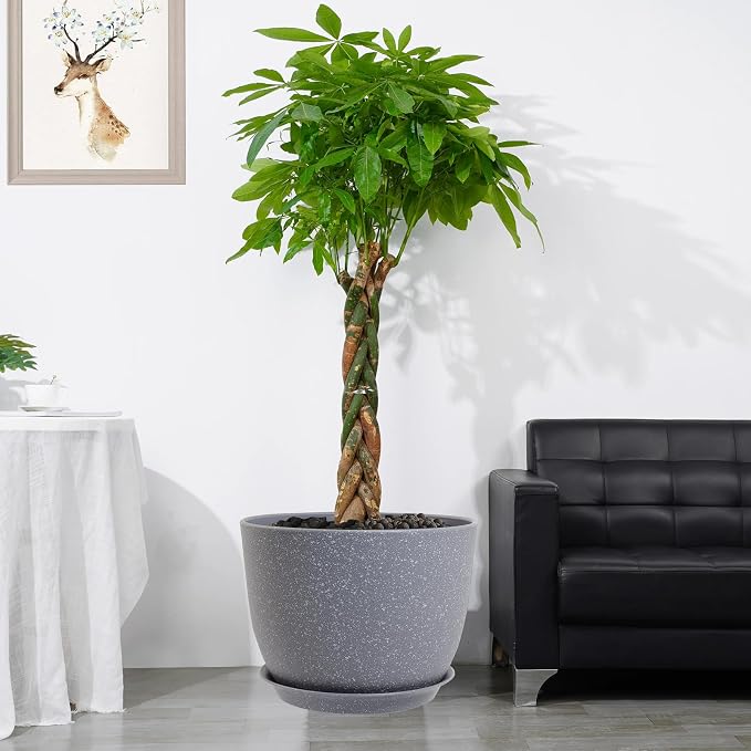 UOUZ 12/10/9 Large Modern Plant Pots, Plastic Planters with Drainage Holes and Saucers for Indoor Outdoor Plants Flowers, Grey Speckles