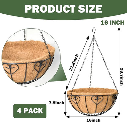 4 Pack 16 Inch Hanging Planters for Outdoor Plants, Metal Hanging Basket with Coco Coir Liner, Black, Modern