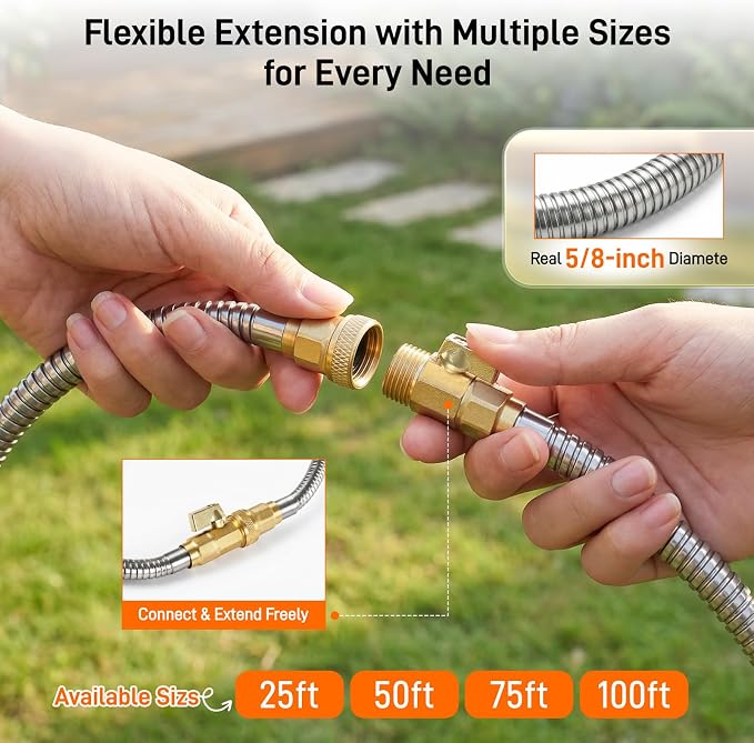Garden Hose, 50ft 5/8" Stainless Steel Water Hose w/ 10-Mode Spray Nozzle, On/Off Valve, 523 PSI Burst, Anti-Kink, Lightweight All-Weather Flexible, Leakproof 3/4" Brass Male to Female Fittings