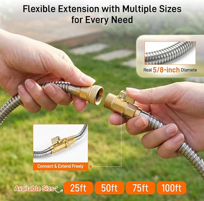 Garden Hose, 75ft 5/8" Stainless Steel Water Hose w/ 10-Mode Spray Nozzle, On/Off Valve, 523 PSI Burst, Anti-Kink, Lightweight All-Weather Flexible, Leakproof 3/4" Brass Male to Female Fittings