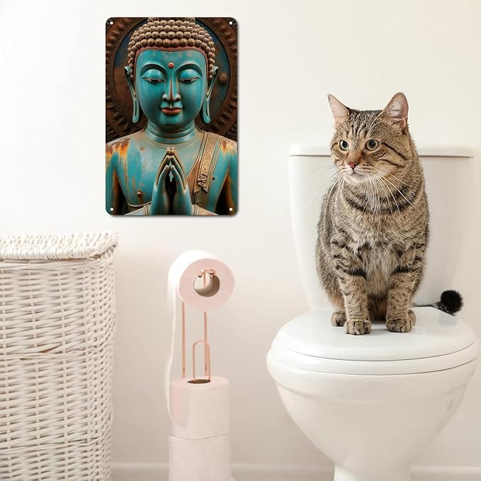 Buddha Statue tin sign Vintage Zen Buddhist Metal Sign Print Aesthetic for Garden Yard Bar Porch Home Bedroom Kitchen Wall Art Decor Gift 8 x 12 inch