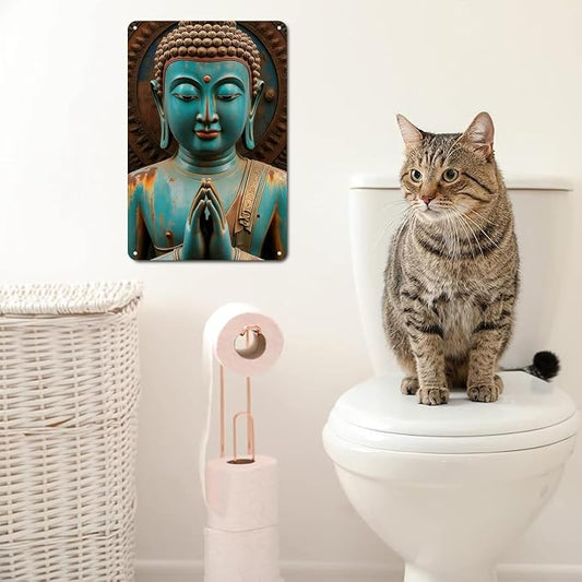 Buddha Statue tin sign Vintage Zen Buddhist Metal Sign Print Aesthetic for Garden Yard Bar Porch Home Bedroom Kitchen Wall Art Decor Gift 8 x 12 inch