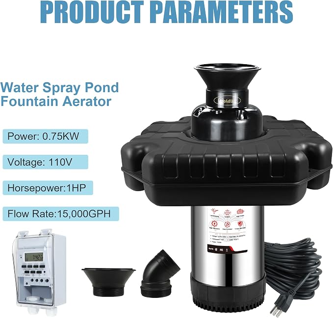 Goldlife Pond Fountain Aerator, F3 No Light, 1HP 750W 110V Stainless Steel Floating Fountain With 100 FT Power Cord, Black Octagon Aerating Fountain Pump for Small Large Ponds Lake Bay Fish farm