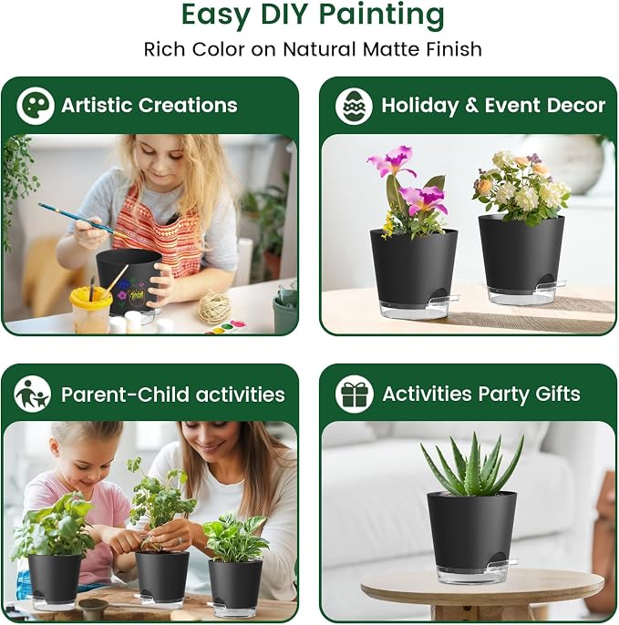 Meowell 6 inch Self Watering Pots for Indoor Outdoor Plants, 6 Pack Flower Plant Pots with Drainage Holes and Clear Reservoirs, Visible Water Level, Plastic Planters with Wicking Rope, Black