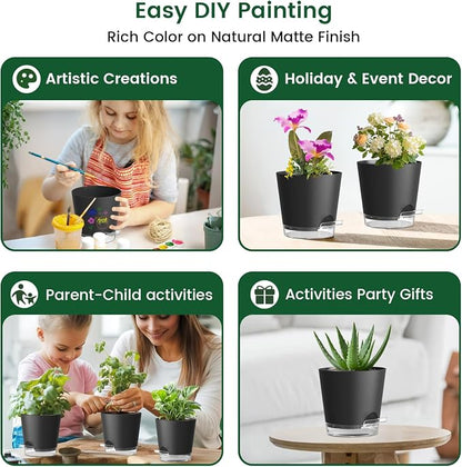 Meowell 6 inch Self Watering Pots for Indoor Outdoor Plants, 3 Pack Flower Plant Pots with Drainage Holes and Clear Reservoirs, Visible Water Level, Plastic Planters with Wicking Rope, Black