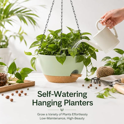 12 Inch Self Watering Hanging Planters 2 Pack, Green Brown | Plastic planters with drainage holes and saucers. Suitable for indoor, outdoor, kitchen, balcony and garden plant decor.