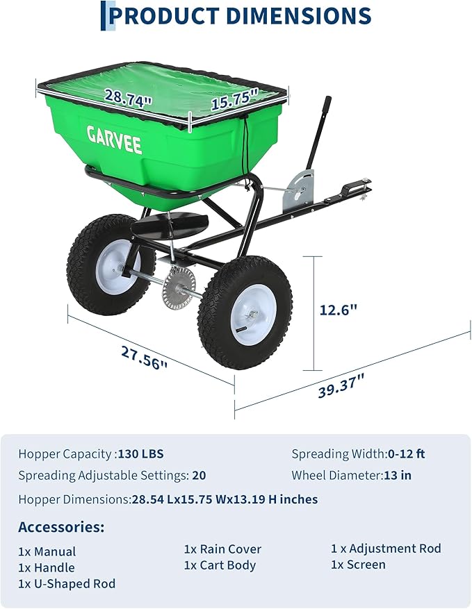 Tow Behind Broadcast Spreader, 125 LBS Large Capacity Universal Hook Tow & Push Lawn Spreader, 9.8 ft Spreading Width 30 Adjustable Settings, Compatible with UTV ATV Riding Mower & Most Tractors