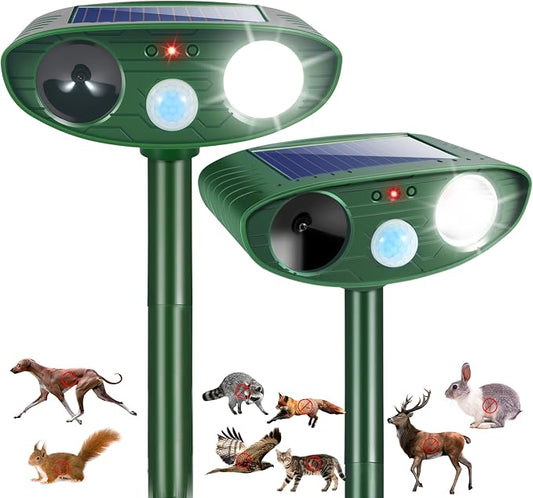 2 Pack New Solar Deer Repellent Devices Ultrasonic Animal Repellent Outdoor for Rabbit,Raccoon,Squirrel,Skunk,Fox,Cat,Motion Sensor&Strobe Light,Waterpfoof Sonic Fortress Pro Deterrent for Garden Yard