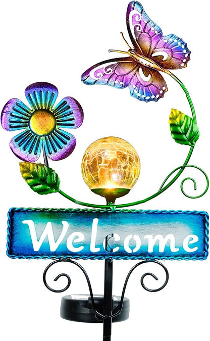 Butterfly Garden Decorations for Outside, Solar Waterproof Stake Lights with Welcome Sign for Yard Lawn Patio Pathway, Warm Gifts for Mom Grandma Housewarming (Butterfly)