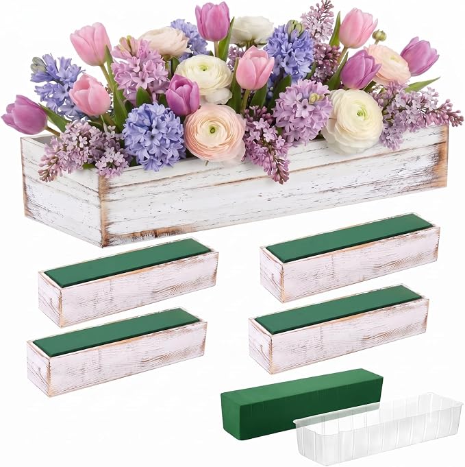 Dandat 5 Set Wood Boxes for Centerpieces 16x4 Inch Rectangle Wooden Planter Box Rustic Wooden Planters with Removable Plastic Liner Floral Foam Blocks for Christmas Wedding Home Garden Decor(White)