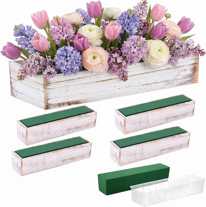 Dandat 5 Set Wood Boxes for Centerpieces 16x4 Inch Rectangle Wooden Planter Box Rustic Wooden Planters with Removable Plastic Liner Floral Foam Blocks for Christmas Wedding Home Garden Decor(White)