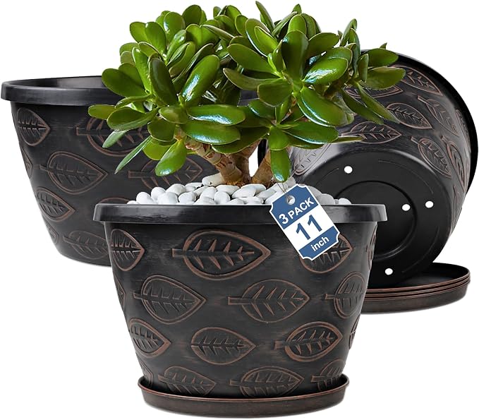 Nooulap 3 Pack Flower Pots Outdoor 11 Inch Plant Pots Indoor, Large-Plastic-Plant-Flower-Planters-Pots with Drainage Hole & Tray, Modern Decorative Garden Pot with Saucer(Brown)